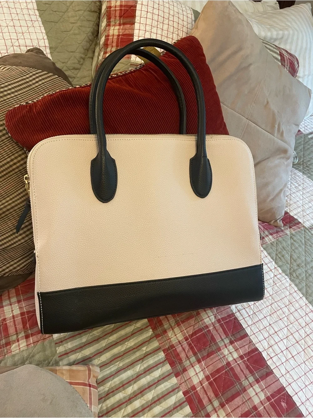 Classic Two-Tone Leatherette Briefcase Bag - Black & Cream
